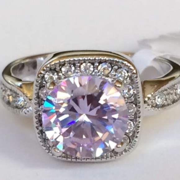 Silver Deco Amethyst Halo Cocktail Ring Size 10 Purple Cubic Zirconia Rodium - Picture 2 of 8